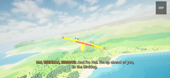 The FB-415 over a lake shore on the first day, with Hal Brennan on the radio: And I’m Hal. I’m up ahead of you, in the birddog.